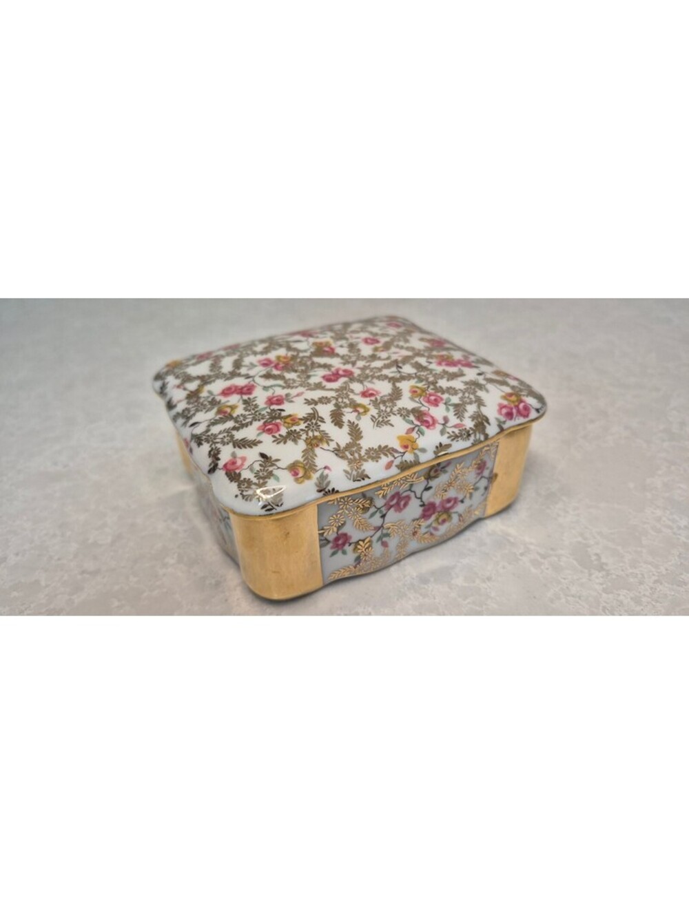 Vintage F.M. Limoges France Porcelain Floral Trinket Jewelry Box Gold Gilt
